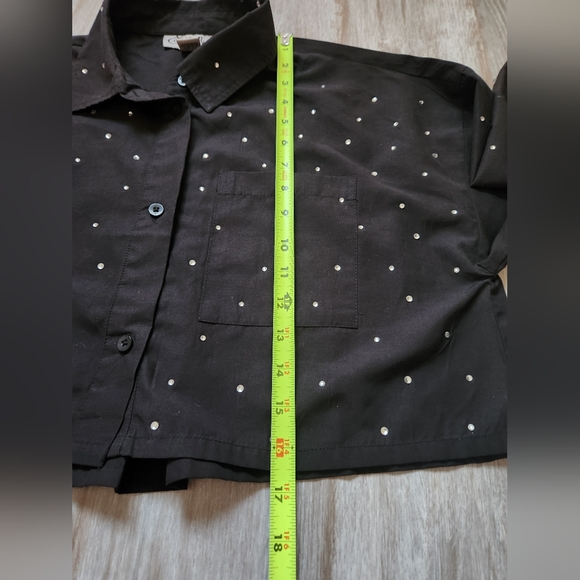 Spoon Jeans Women’s Black Rhinestone Long Sleeve Button Up Crop Top Size L - Picture 5 of 6